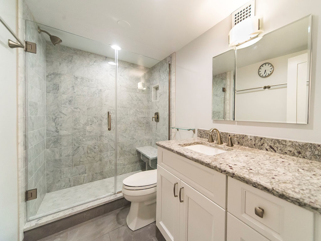 Elegant bathroom with shaker vanity, toilet, and walk-in shower