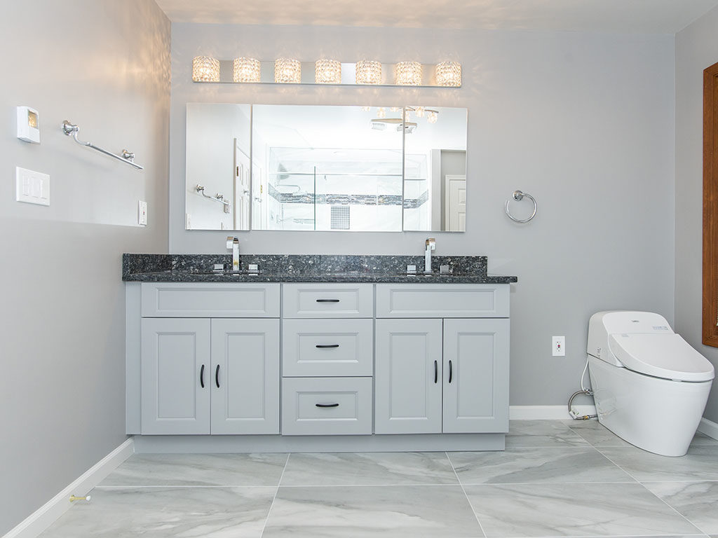 Bathroom project in Rockville MD with double sink vanity and a toilet