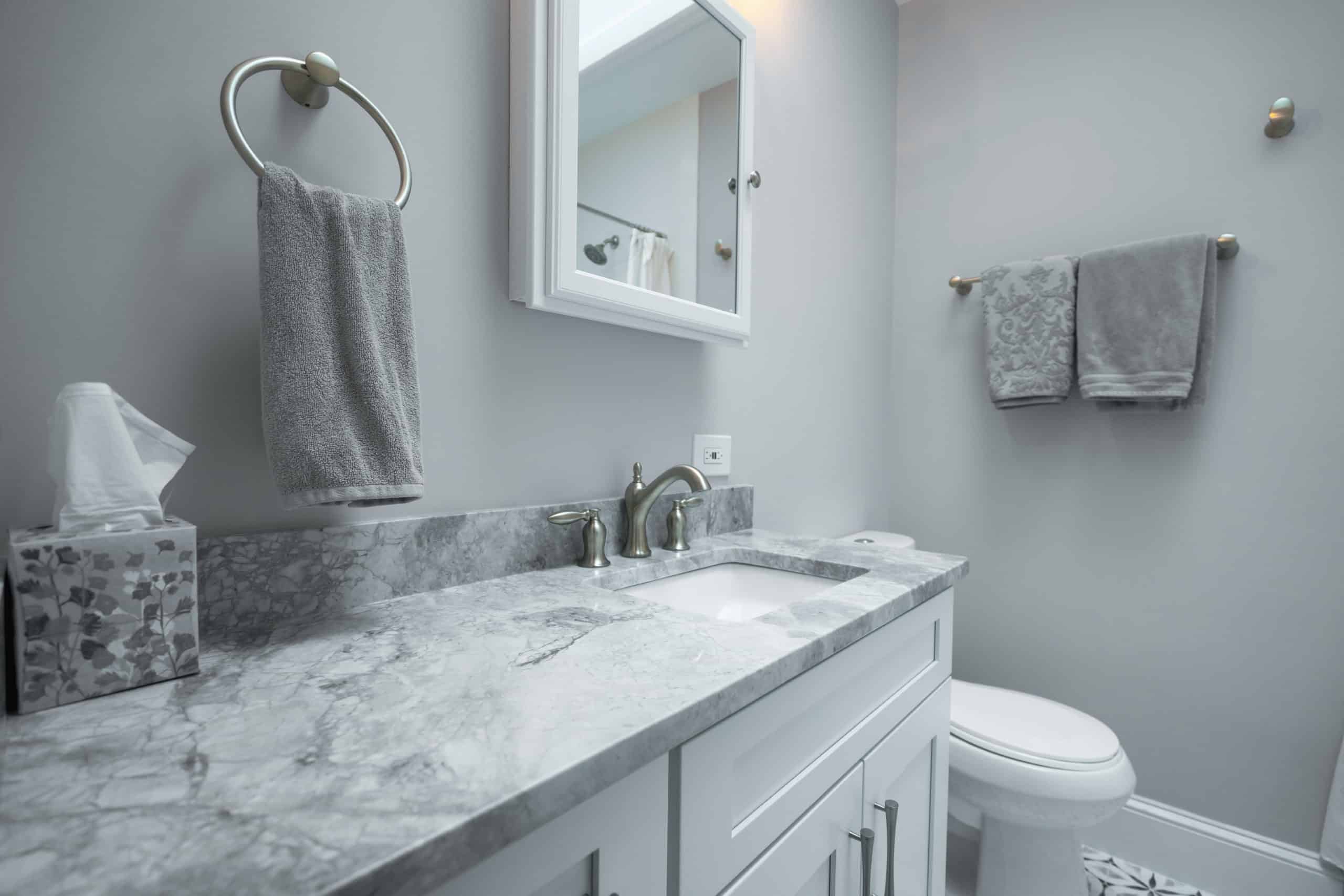 Grey bathroom with white shaker vanity and a toilet