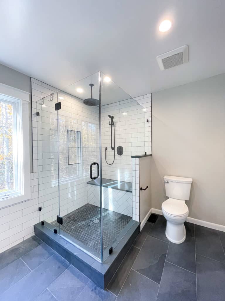 Stylish bathroom with shower and toilet