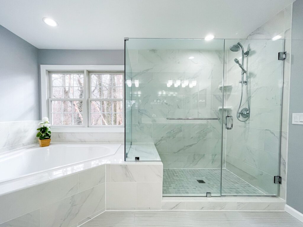 Luxury bathroom with bath tub and a shower