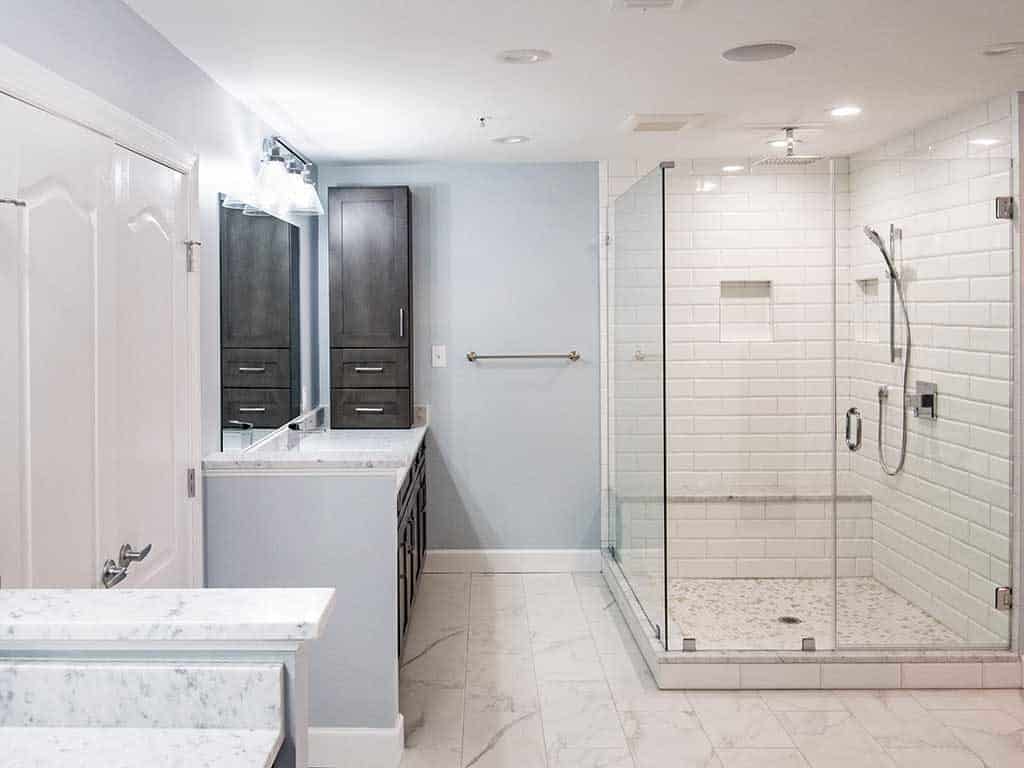 Spacious, elegant bathroom project in Columbia MD with shower and vanity