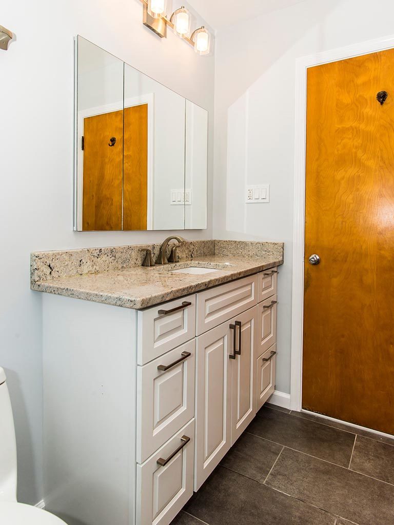 Single sink white vanity and granite countertop