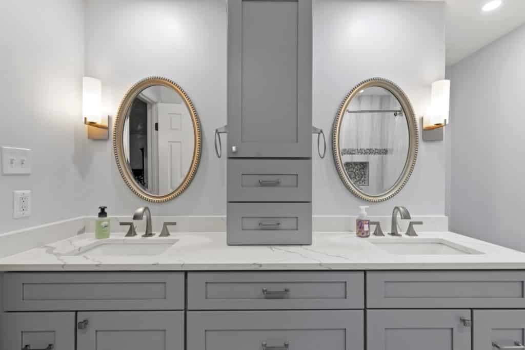White bathroom with double sink grey shaker vanity
