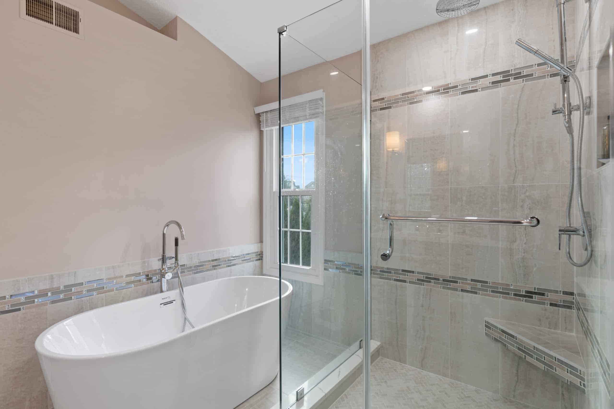 Light pink bathroom with elegant walk-in shower and tub
