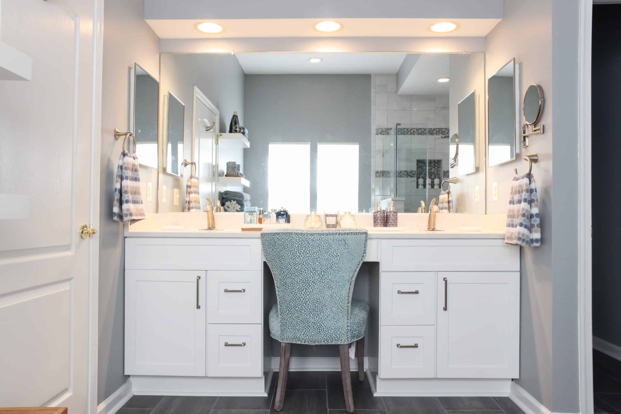 Bathroom with white shaker double sink vanity