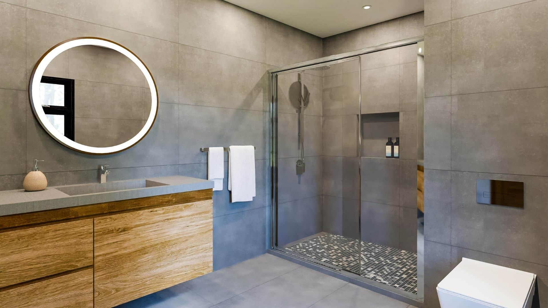 modern gray bathroom with floating wood cabinet
