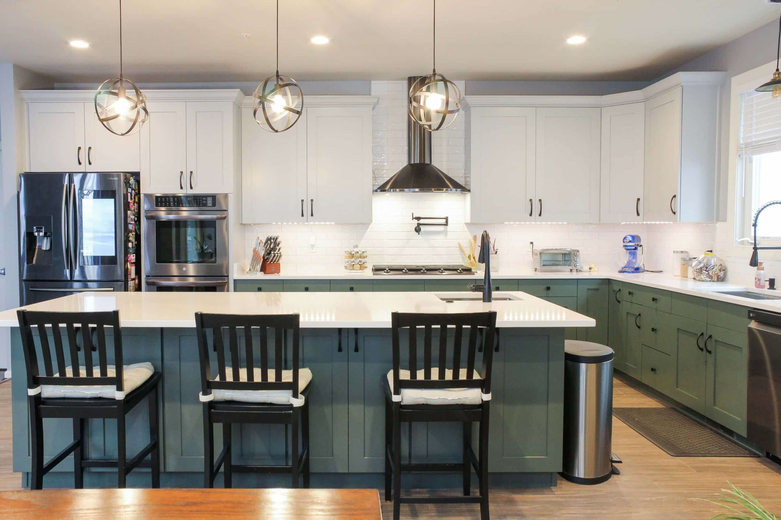 White and Green kitchen style with shaker cabinets