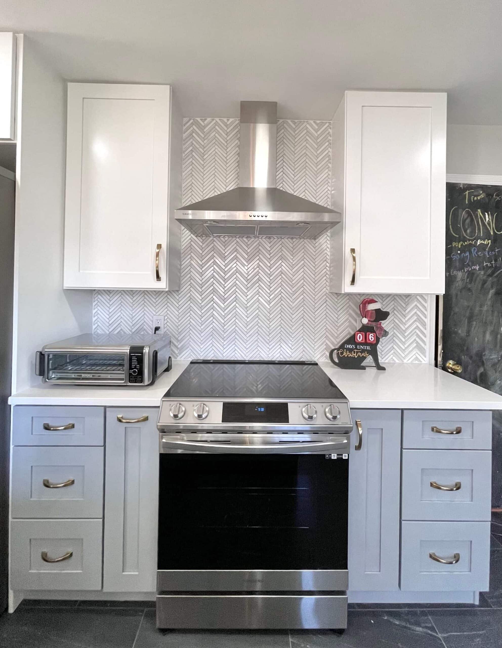 White and Grey U-Shaped Kitchen with a Spacious Island - Mega Kitchen ...