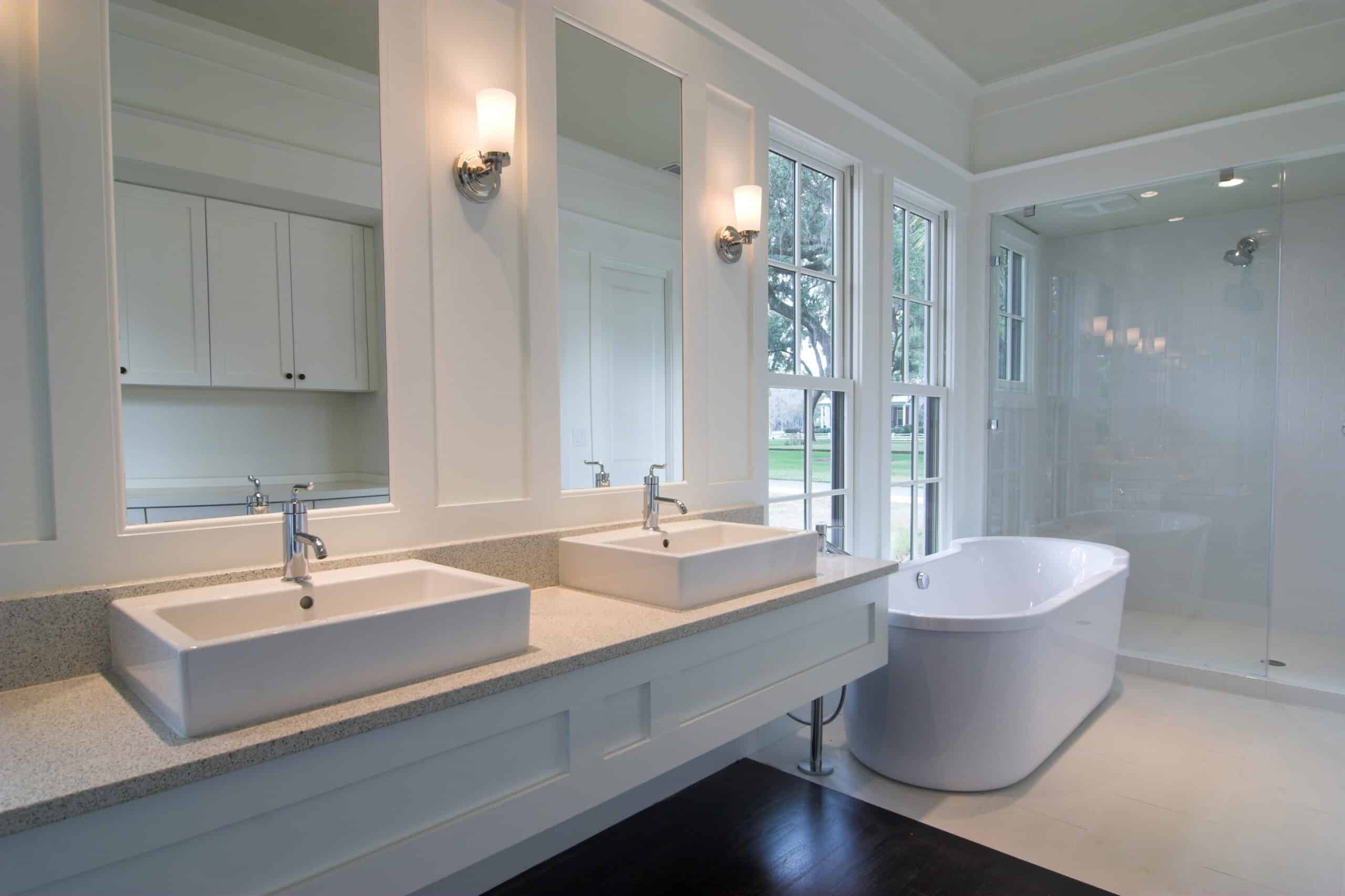 bathroom, white, elegant, modern, clean, sink, double, tub, bathtub, bath, shower, glass, counter, inside, interior, home, house, fixture, remodel, expensive, wood, cabinet, faucet, wash, window, glass, chrome