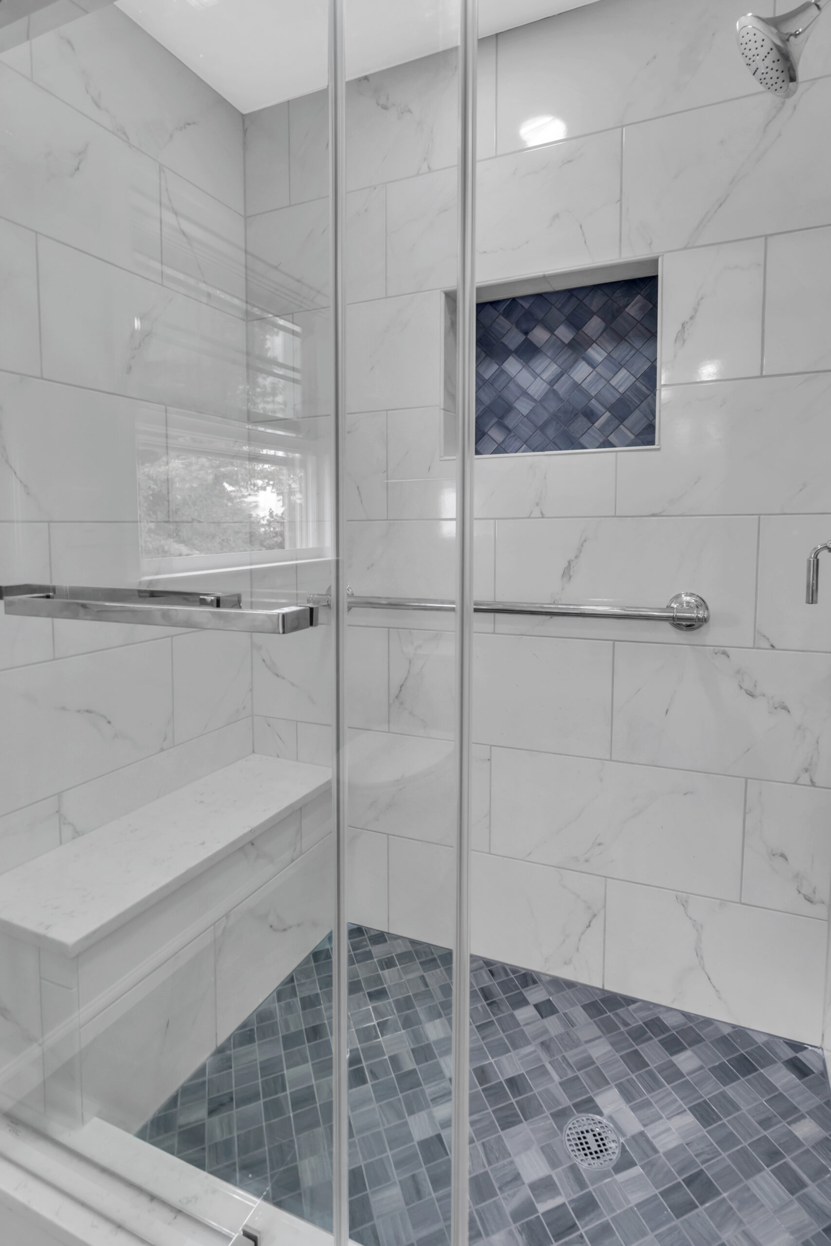 White bathroom with elegant walk-in shower