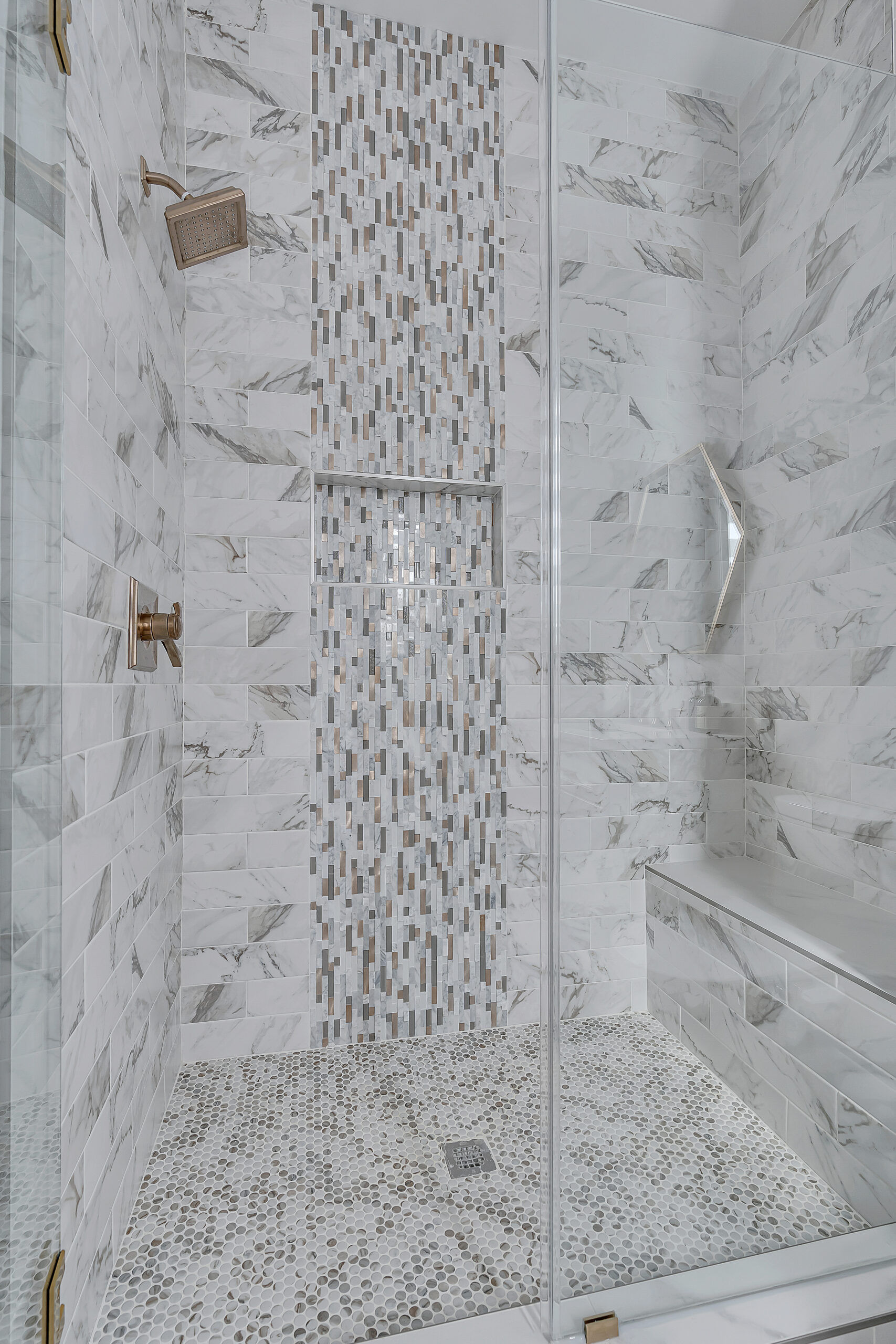 Elegant bathroom with tile surround shower