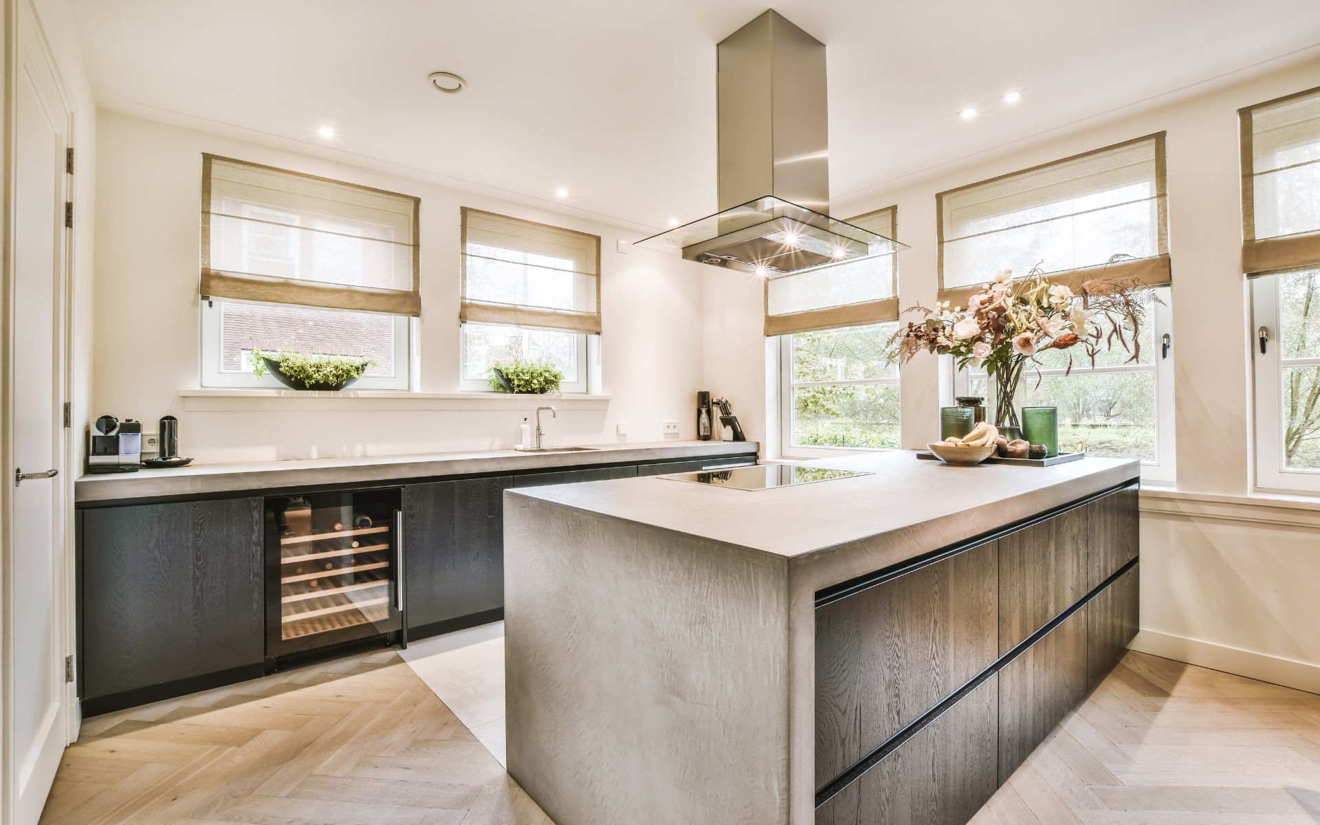Elegant cream kitchen with gray cabinets