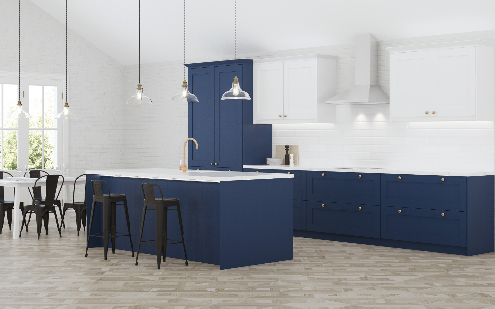 Modern style kitchen with Navy Blue and white cabinets