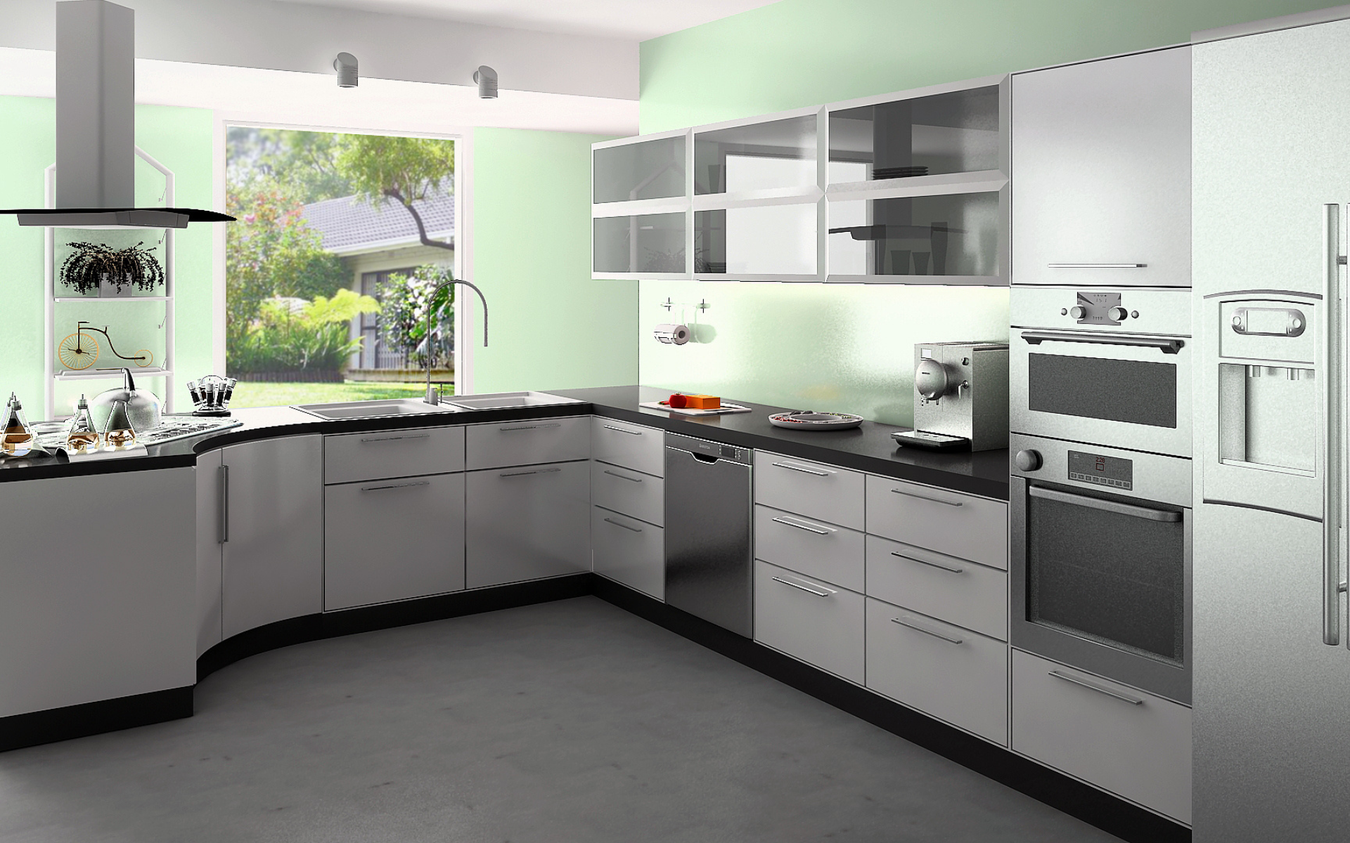 L-type kitchen with white cabinets and black countertops