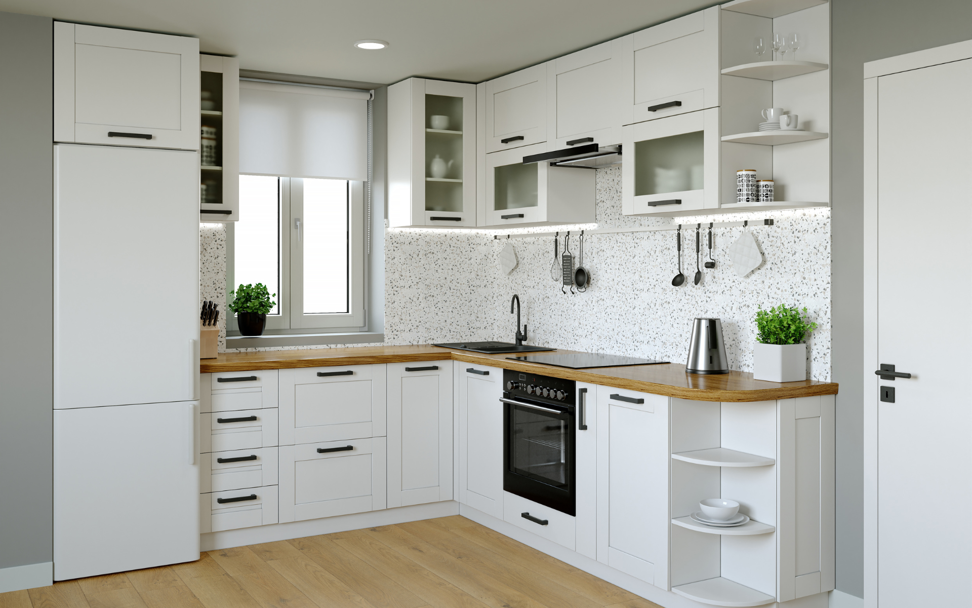 Small L-type kitchen with white shaker cabinets