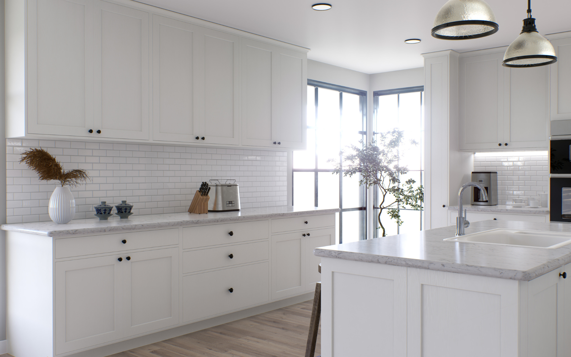 Elegant kitchen with white shaker cabinets, and white backsplash