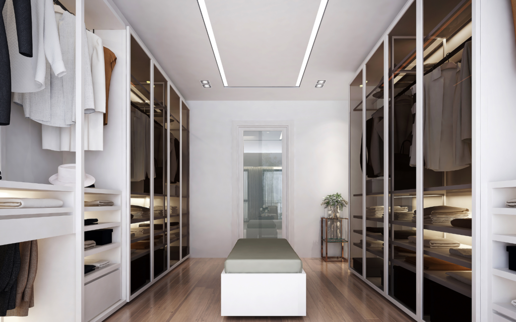 White custom closet with glass door