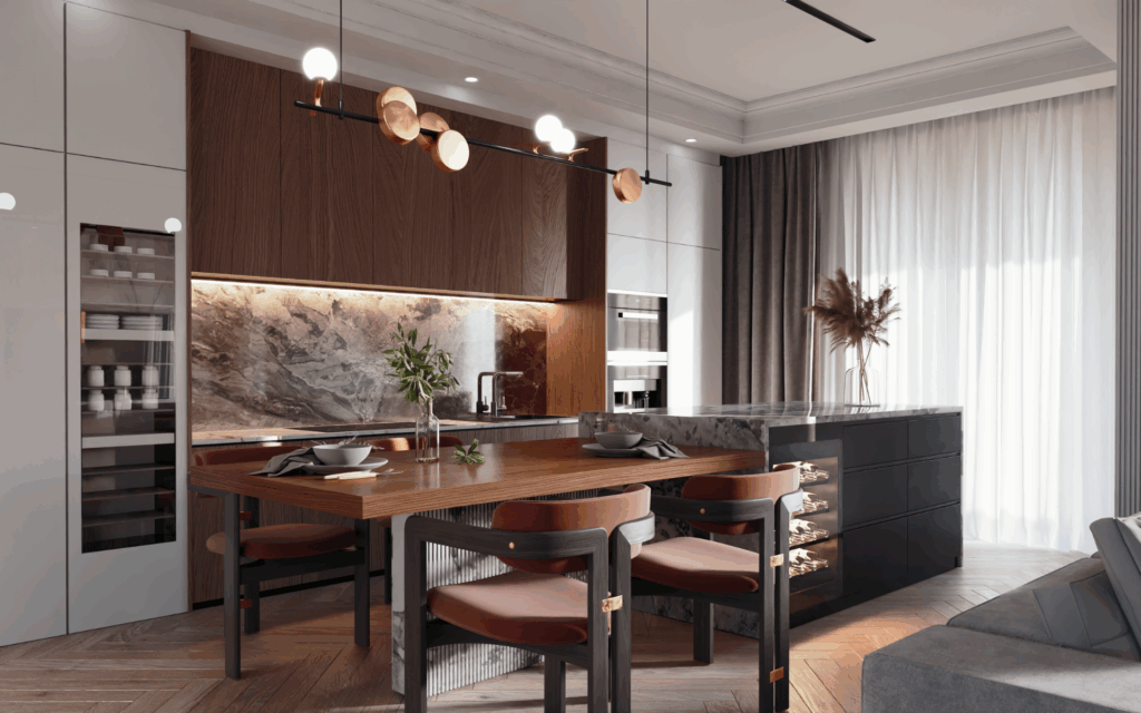 Modern kitchen design with white and brown cabinets