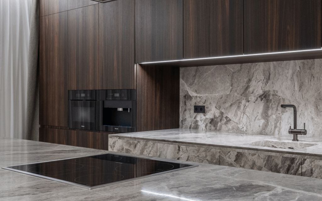 Modern style kitchen with brown cabinets