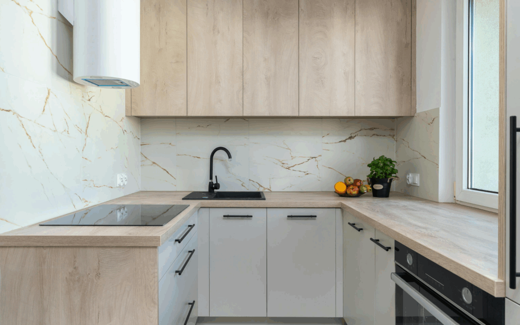 Elegant small kitchen with wood texture and white cabinet, wood countertop and elegant backsplash