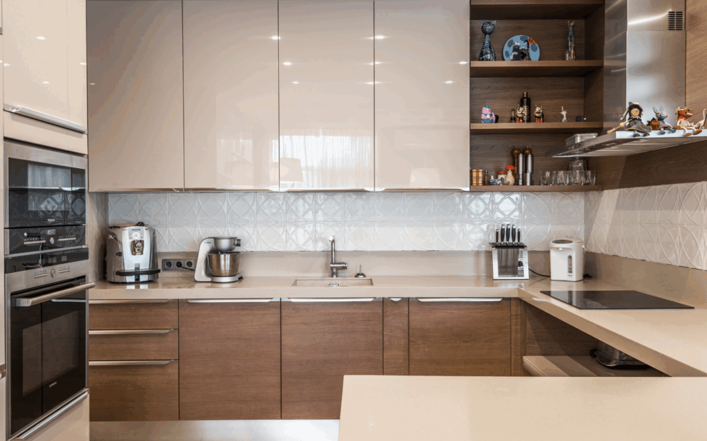Small kitchen with brown and beige cabinets
