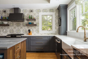 Gray kitchen with white tops