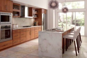 Brown kitchen with white tops