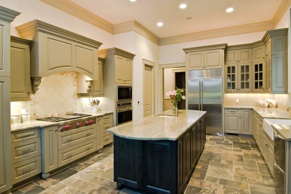 luxury kitchen with new cabinets and slate floor