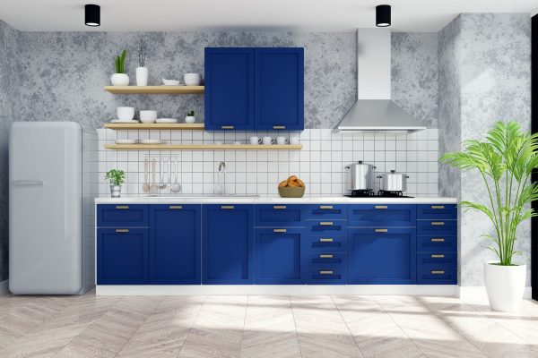 Elegant kitchen with blue cabinets