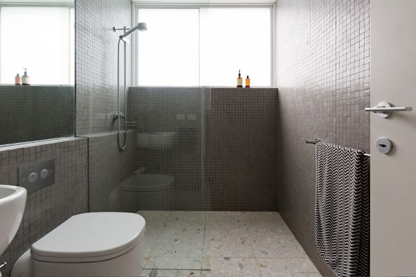Elegant dark brown bathroom with toilet, and a curbless walk-in shower