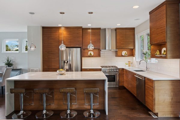 Kitchen with brown cabinets